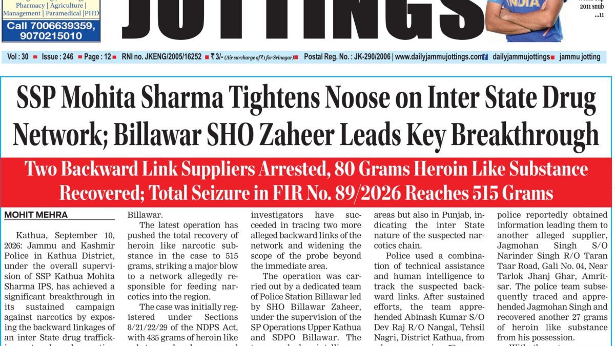 SSP Mohita Sharma Tightens Noose on Inter State Drug Network; Billawar SHO Zaheer Leads Key Breakthrough
